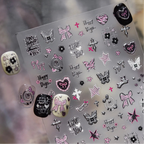 Y2K Silver Metallic Nail Stickers - Goth Bunny & Plaid Bow Decals 5630