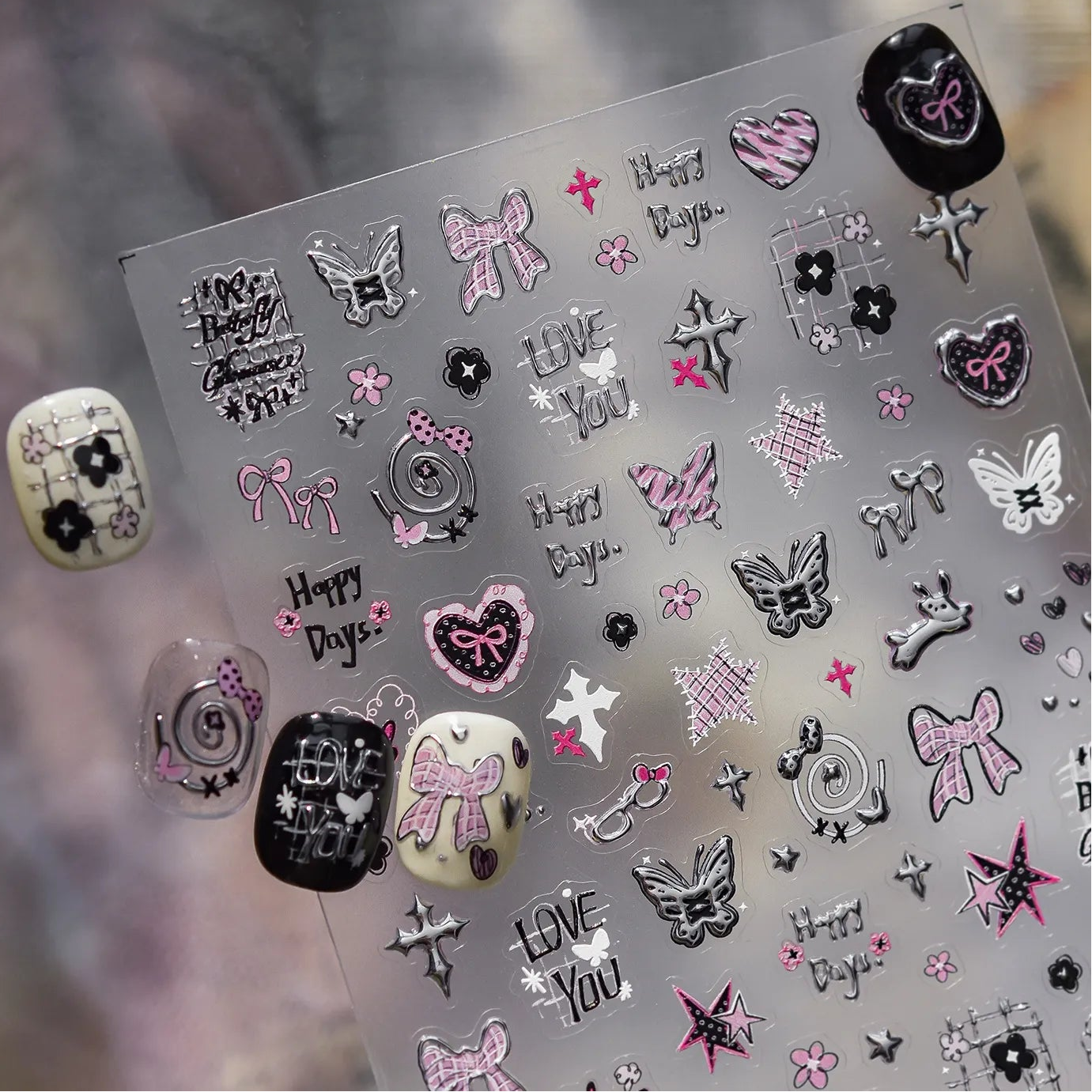 Y2K Silver Metallic Nail Stickers - Goth Bunny & Plaid Bow Decals 5630