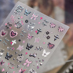 Y2K Silver Metallic Nail Stickers - Goth Bunny & Plaid Bow Decals 5630
