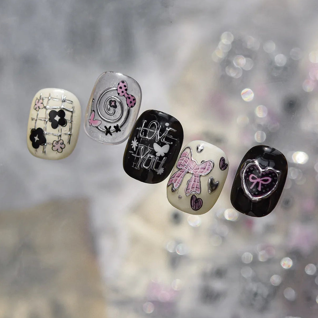 Y2K Silver Metallic Nail Stickers - Goth Bunny & Plaid Bow Decals 5630