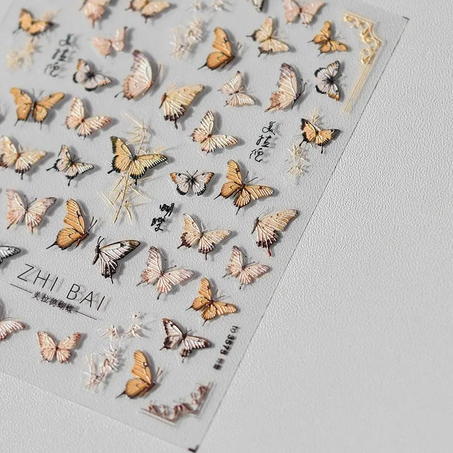 Yellow Butterfly Nail Art Stickers Adhesive Embossed Butterfly Wings Sticker Decals to3575