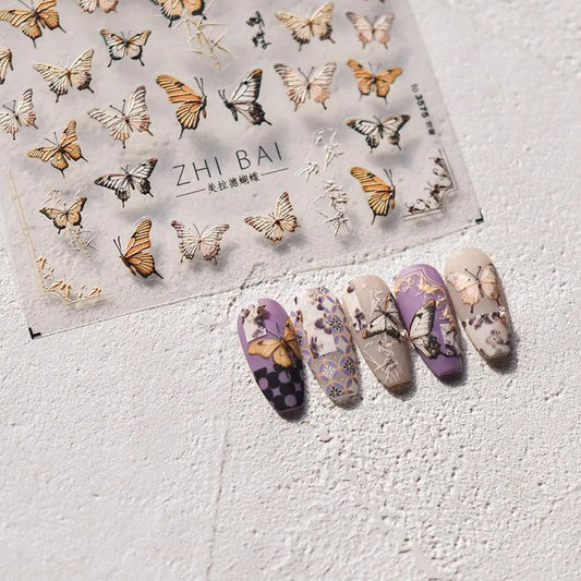 Yellow Butterfly Nail Art Stickers Adhesive Embossed Butterfly Wings Sticker Decals to3575