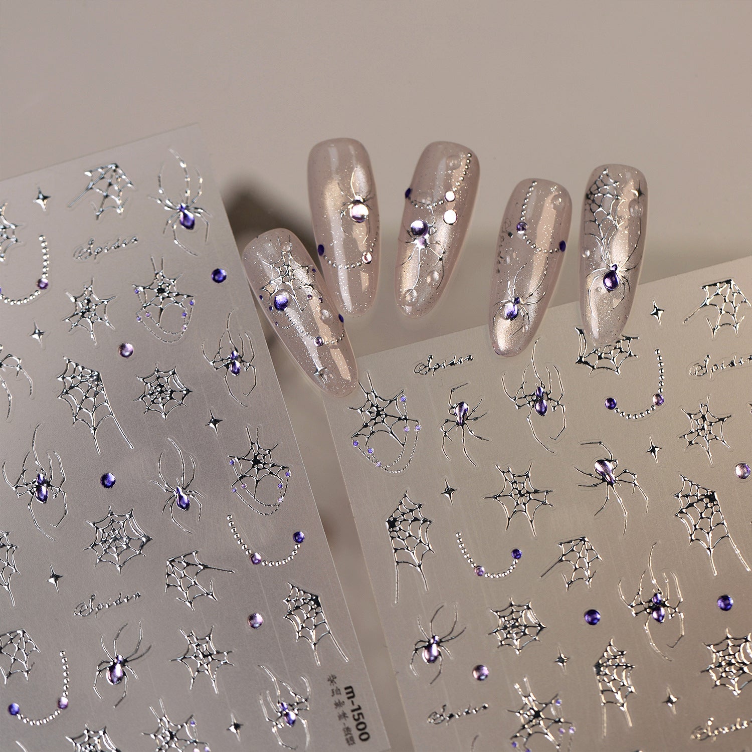 Gothic Spiderweb & Gem Silver Halloween Nail Stickers 1500