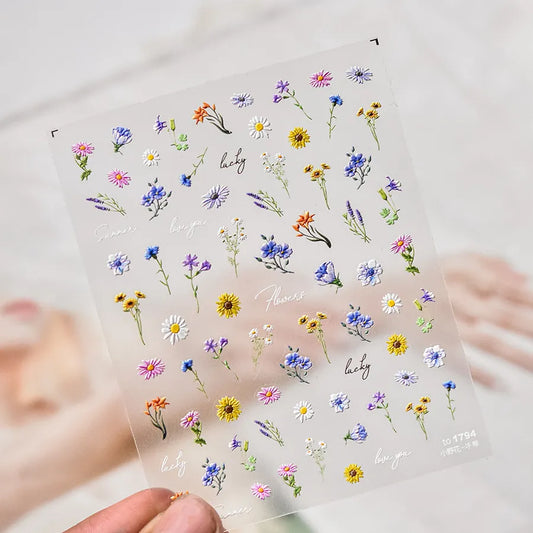 Spring Wildflower Nail Art Stickers – 5D Daisies, Lavender & Garden Floral Decals 