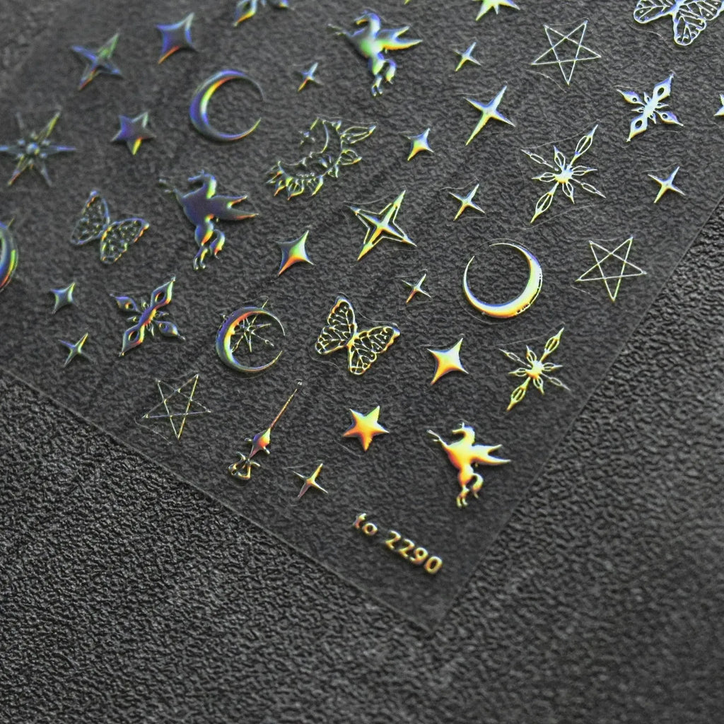 Pegasus Nail Art Stickers Adhesive Embossed Moon Star Sticker Decals to2290 laser silver