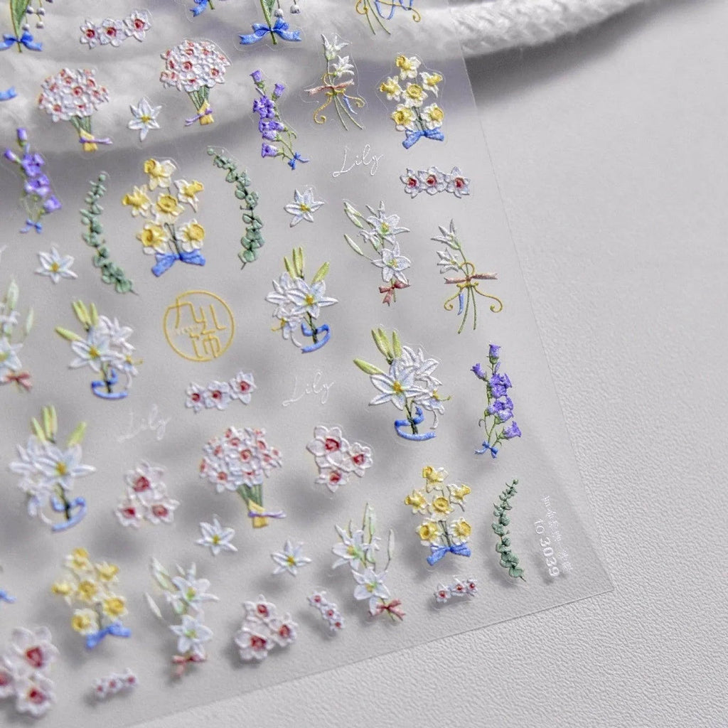 Lily Flower Nail Art Stickers Adhesive Embossed Wild Flowers Rose Sticker Decals to3039