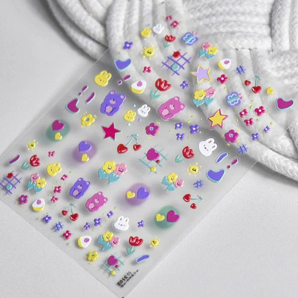 Cow Print Nail Art Stickers Adhesive Embossed Cute Bear Bunny Flower Sticker Decals to3102