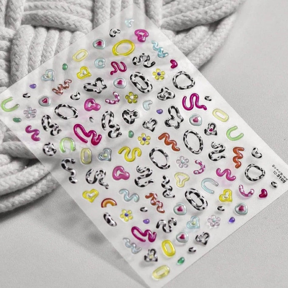 Cow Print Nail Art Stickers Adhesive Embossed Cute Bear Bunny Flower Sticker Decals to3105