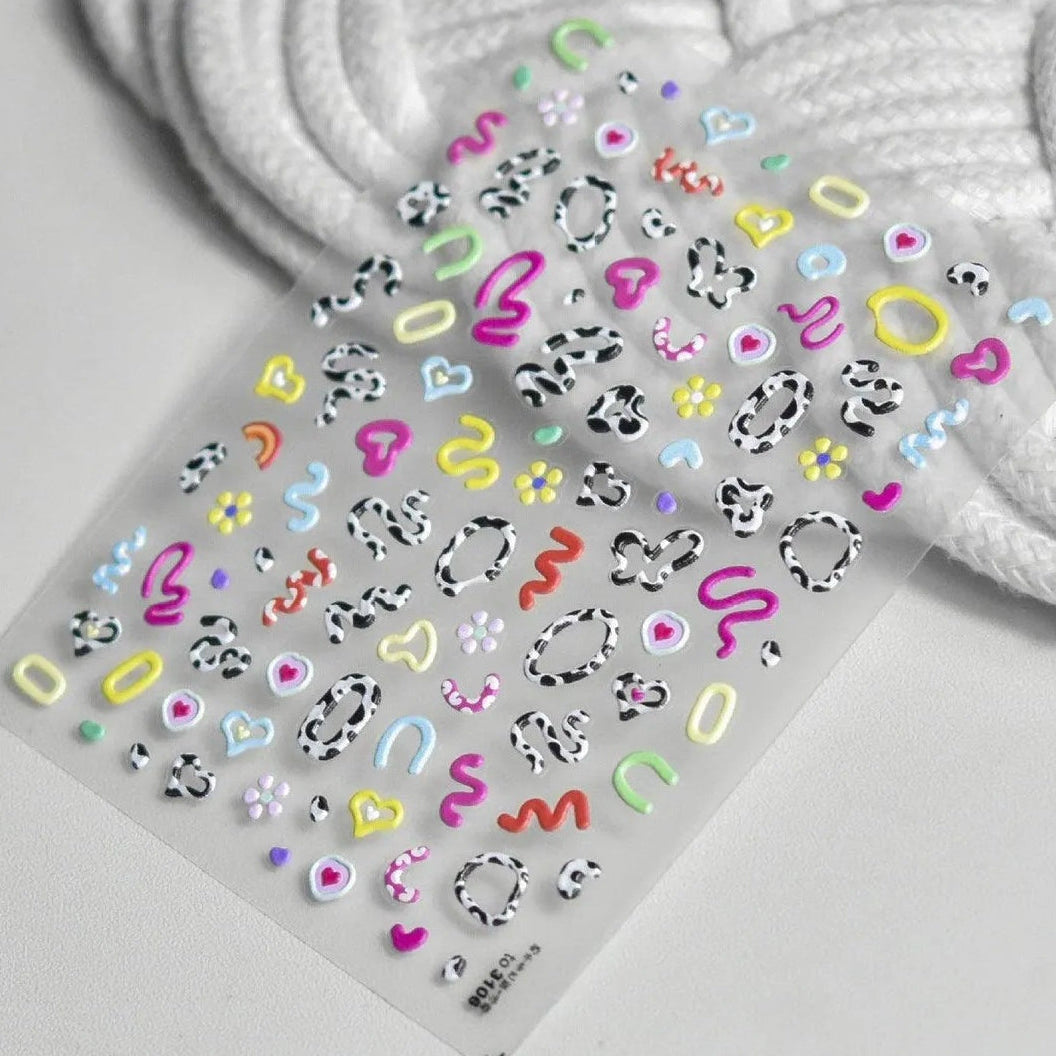 Cow Print Nail Art Stickers Adhesive Embossed Cute Bear Bunny Flower Sticker Decals to3106