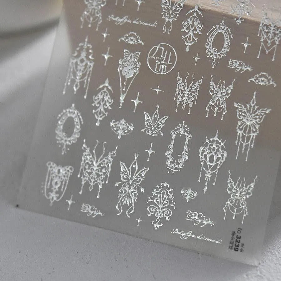 5D Magical Girl Nail Stickers | White Lace Butterfly & Fantasy Filigree Nail Art Decals to3239 Silver