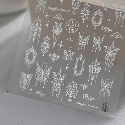 5D Magical Girl Nail Stickers | White Lace Butterfly & Fantasy Filigree Nail Art Decals to3239 Silver