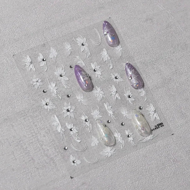 White Flower Nail Art Sticker 5D Bridal Rhinestones Nail Sticker Decals to3324