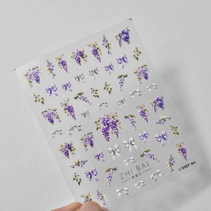 Lavender Nail Art Stickers Flower Adhesive Embossed Wisteria Rose Sticker Decals to3327