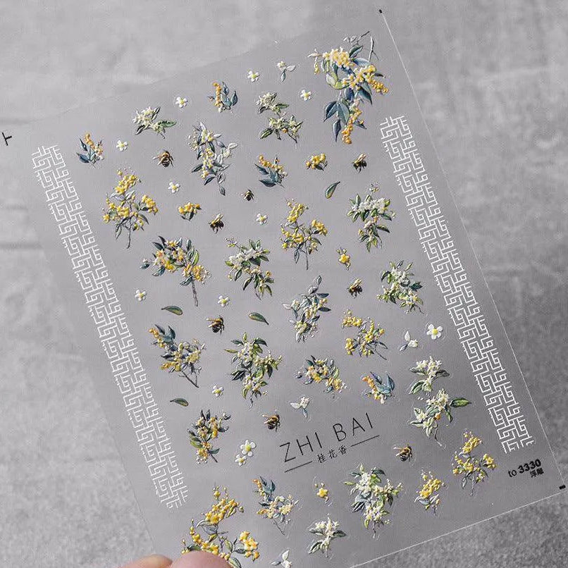 Flower Tree Nail Art Stickers Adhesive Embossed Osmanthus Flower Sticker Decals to3330
