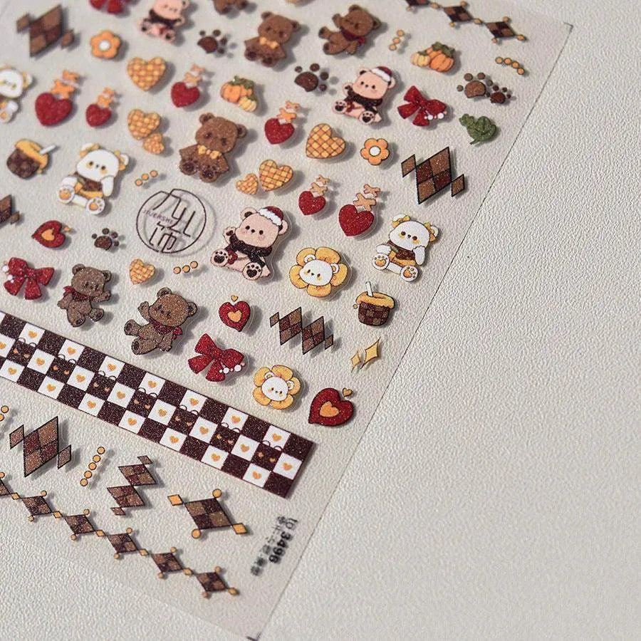 Cartoon Bear Nail Art Stickers Adhesive Embossed Lucky Bear with Rabbit Sticker Decals to3496