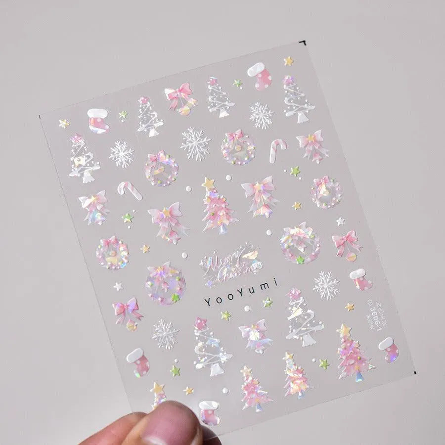 Pink Tree Christmas Nail Art Stickers Adhesive Embossed Bow Knot Bell Sticker Decals to3606-1