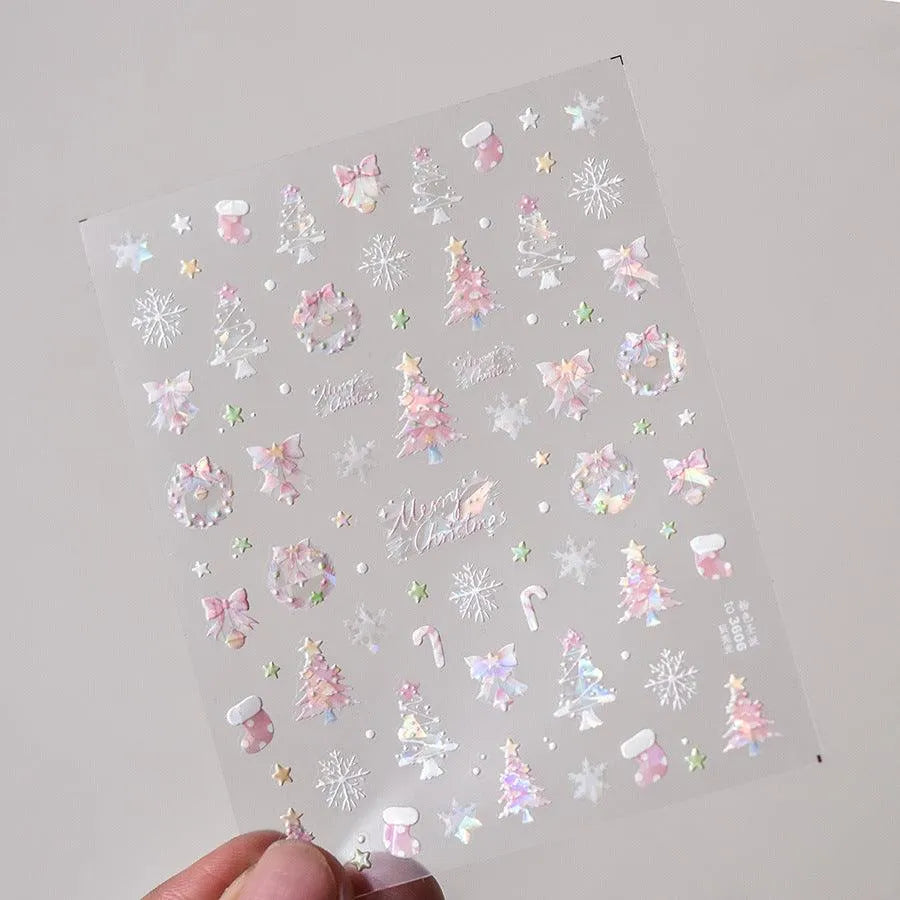 Pink Tree Christmas Nail Art Stickers Adhesive Embossed Bow Knot Bell Sticker Decals to3606