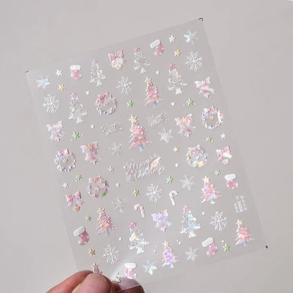 Pink Tree Christmas Nail Art Stickers Adhesive Embossed Bow Knot Bell Sticker Decals to3606