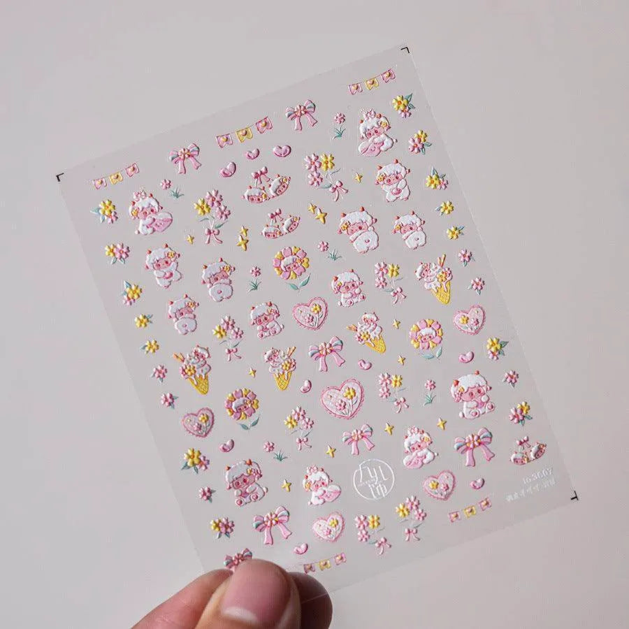 Cute Sheep Nail Art Stickers Adhesive Embossed Pink Flower Sticker Decals to3607