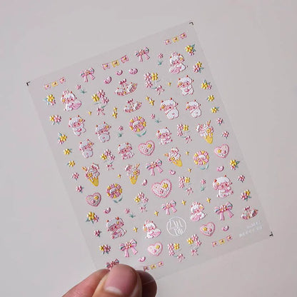 Cute Sheep Nail Art Stickers Adhesive Embossed Pink Flower Sticker Decals to3607