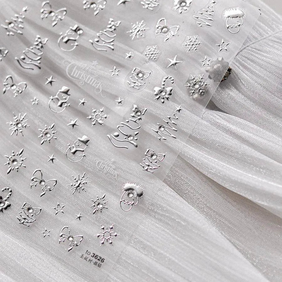 Golden Christmas Tree Nail Art Stickers Adhesive Embossed Winter Snowflake Sticker Decals to3626 Silver