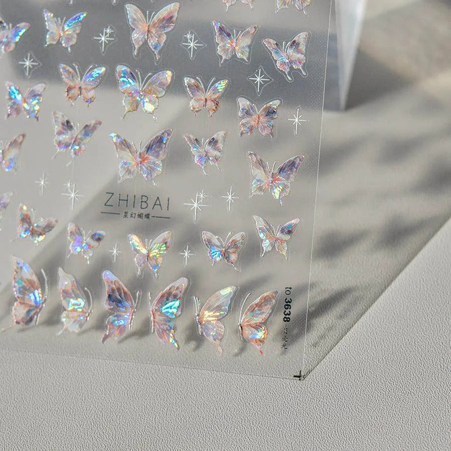 Aurora Shell Light Butterfly Nail Art Stickers 5D Embossed Pink Wings Sticker Decals Accessories to3638 shell light