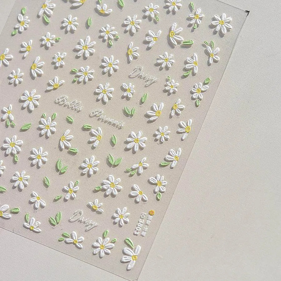 Daisy Flower Nail Art Stickers Adhesive Embossed Pure White Daisy Sticker Decals to3803 embossed