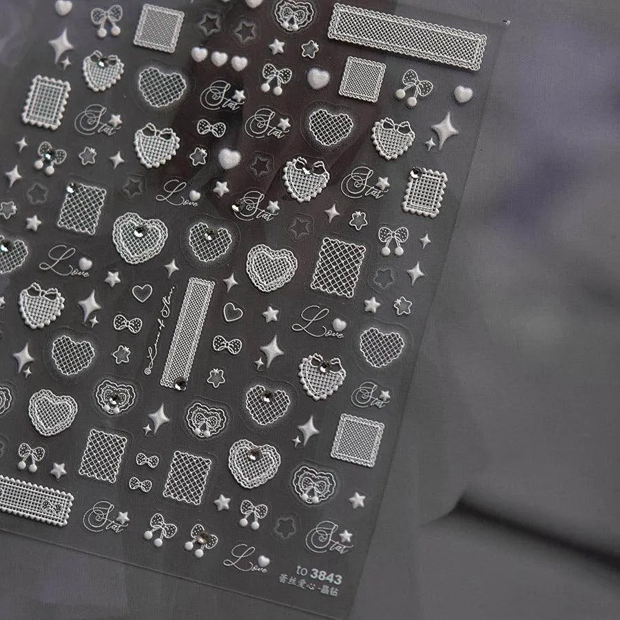 Lace Heart Nail Art Stickers Hollow White Lace Bow Adhesive Embossed Sticker Decals to3843_with_rhinestone