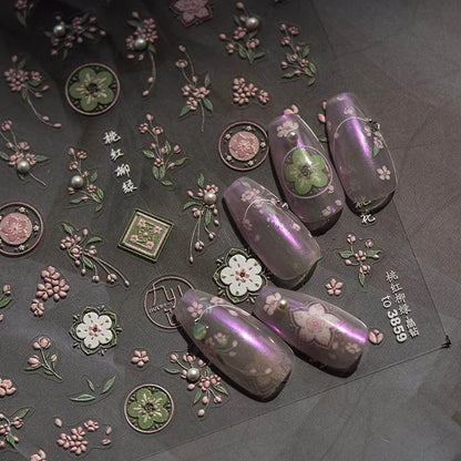 Blooming Sakura Nail Art Stickers Adhesive Peachblow Flower Embossed Sticker Decals to3859