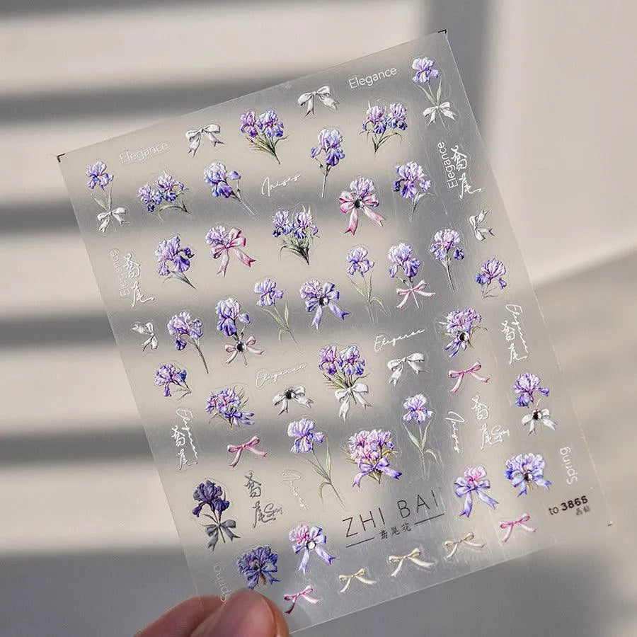 Purple Flower Nail Stickers Embossed Iris Flowers Leaf Nail Decals Self-Adhesive DIY Manicure Accessories 