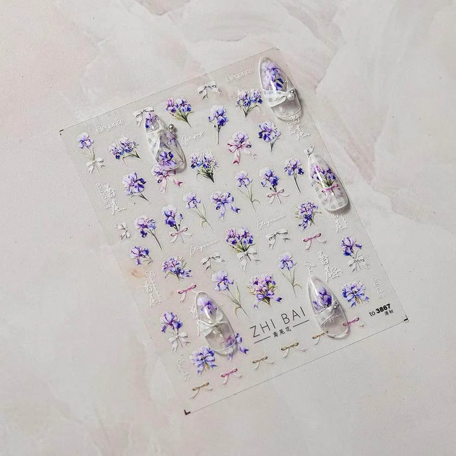 Iris Flower Nail Stickers Embossed Sakura Petal Nail Decals Adhesive DIY Nail Supplies to3867