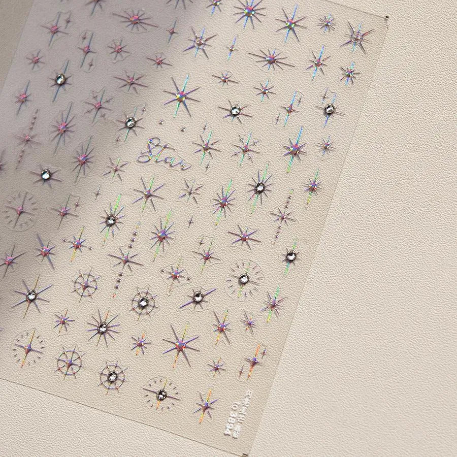 Shiny Star Nail Art Stickers Adhesive Embossed Cross Star with Studs Sticker Decals to3894 Laser Pink