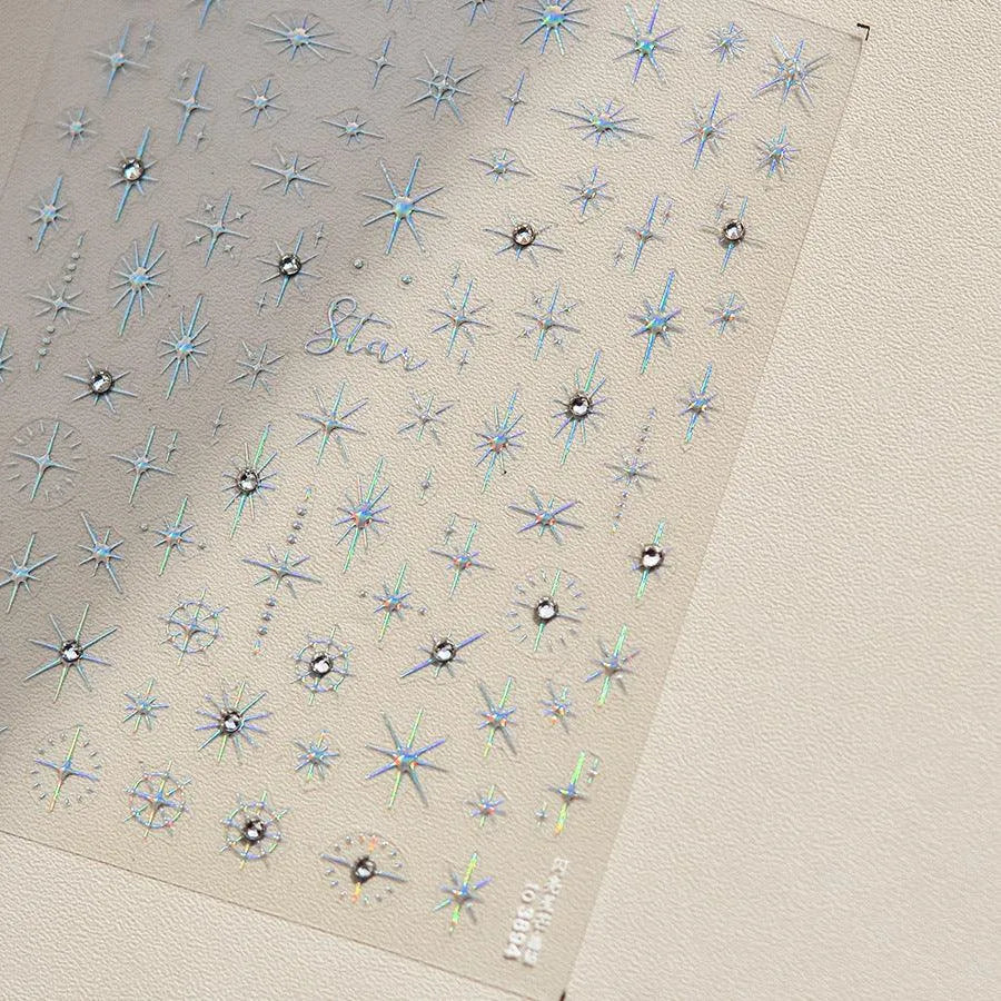 Shiny Star Nail Art Stickers Adhesive Embossed Cross Star with Studs Sticker Decals to3894 Laser Silver