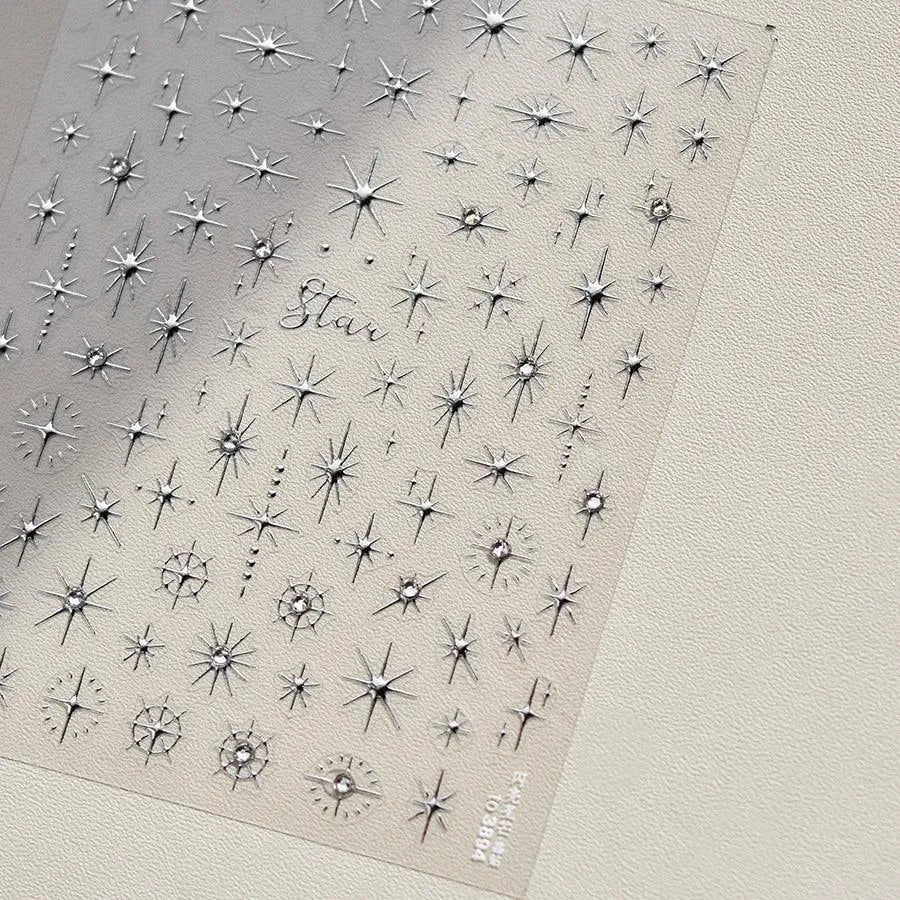 Shiny Star Nail Art Stickers Adhesive Embossed Cross Star with Studs Sticker Decals to3894 Silver
