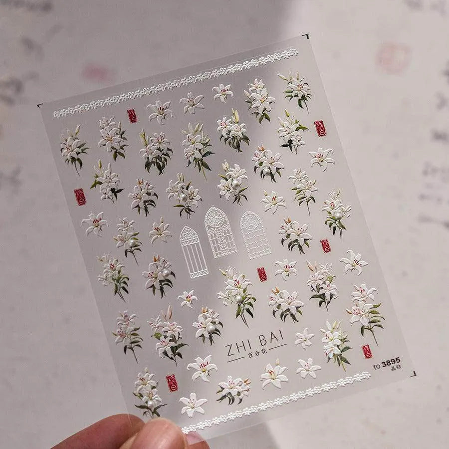 Peony Flower Nail Stickers 5D Embossed Aurora Shell Light Floral Nail Decals Manicure Accessories to3895