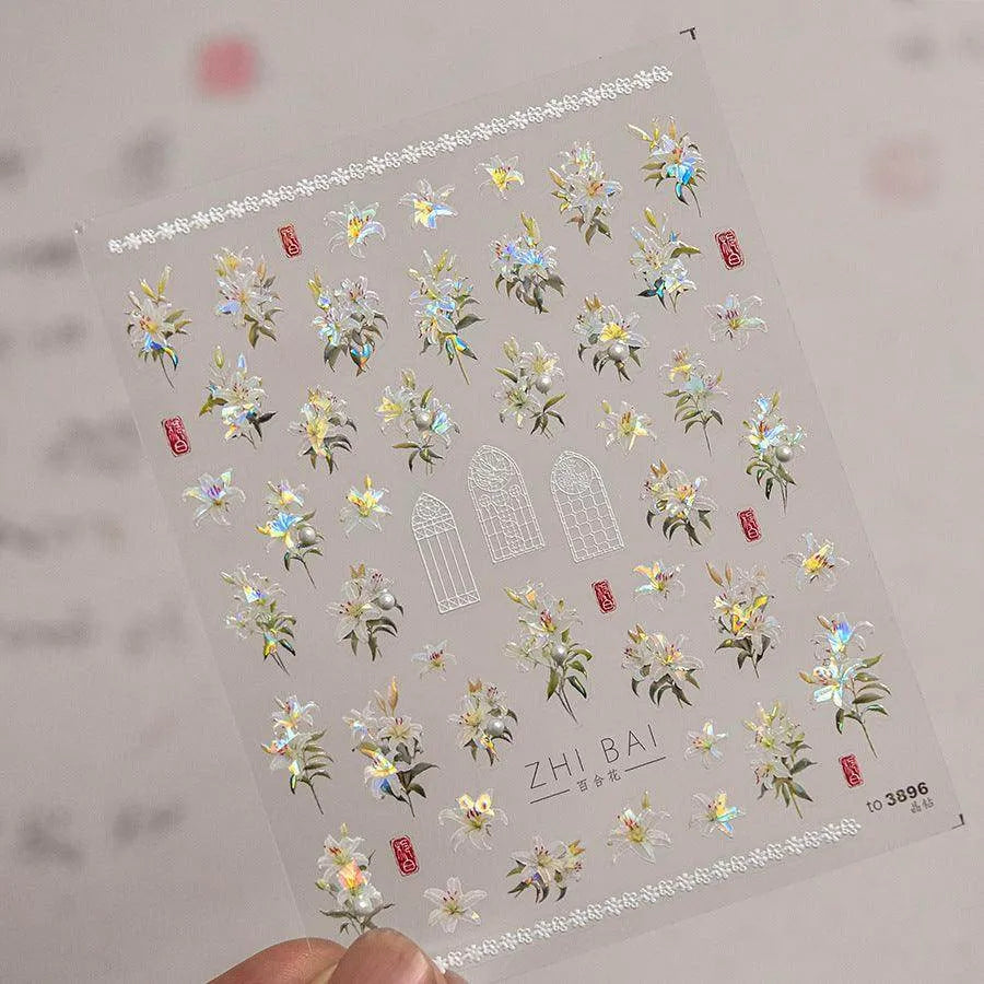 Peony Flower Nail Stickers 5D Embossed Aurora Shell Light Floral Nail Decals Manicure Accessories to3896