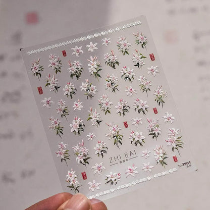 Peony Flower Nail Stickers 5D Embossed Aurora Shell Light Floral Nail Decals Manicure Accessories to3901
