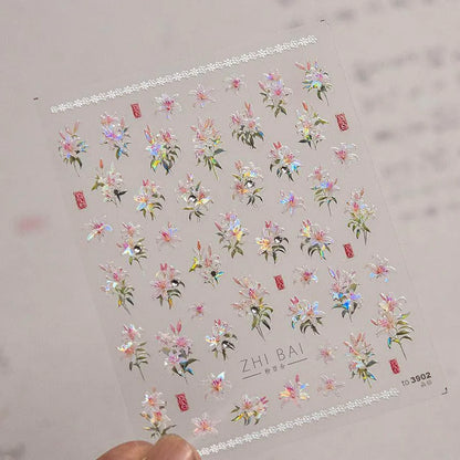 Peony Flower Nail Stickers 5D Embossed Aurora Shell Light Floral Nail Decals Manicure Accessories to3902