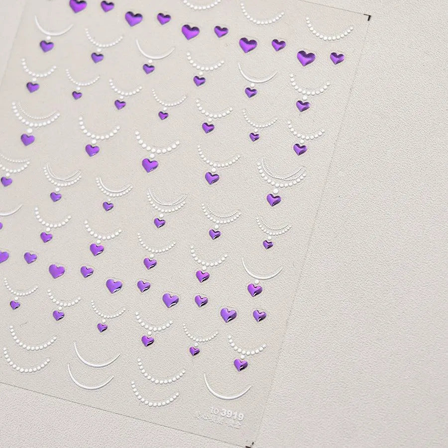 Necklace Design Nail Art Stickers Adhesive Embossed Rhinestone Heart Shape Pendant Sticker Decals to3919 Purple