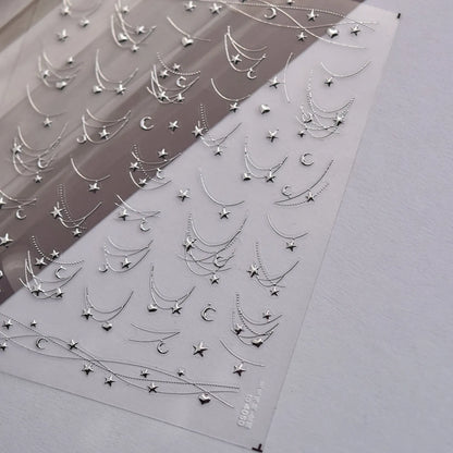 Moon & Stars Chain Nail Art Stickers - 5D Gold Silver Celestial Decals to4050
