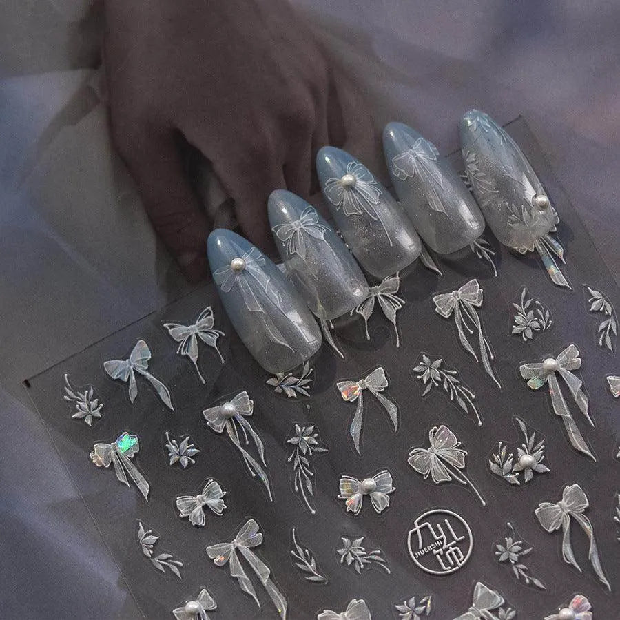 Bow Ribbon Nail Art Stickers Adhesive Embossed White Bow Sticker Decals to4116_with_Pearl