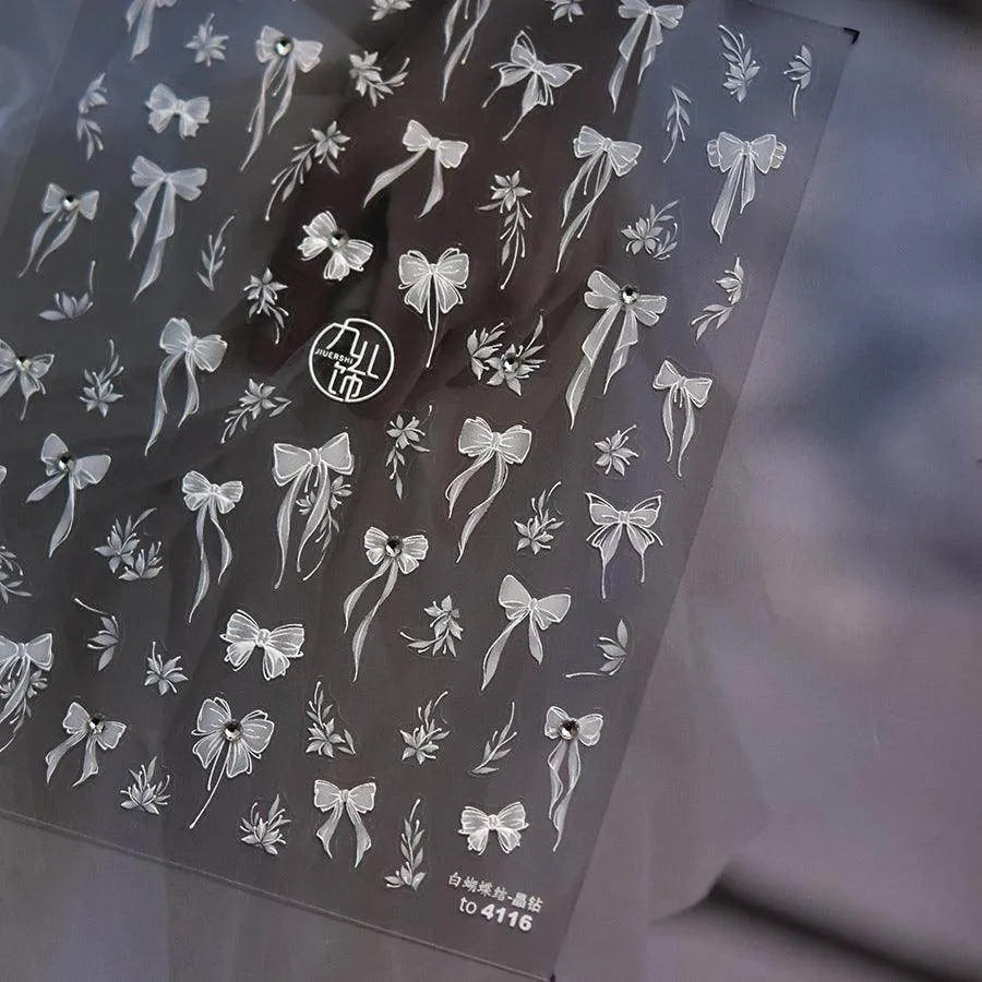 Bow Ribbon Nail Art Stickers Adhesive Embossed White Bow Sticker Decals to4116 with Studs