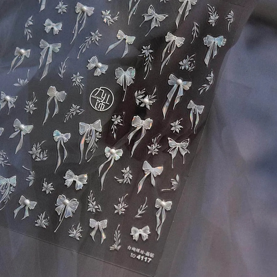 Bow Ribbon Nail Art Stickers Adhesive Embossed White Bow Sticker Decals to4117 with Pearl