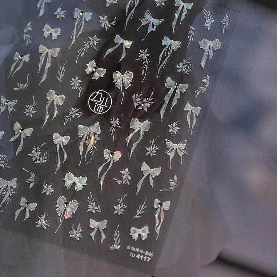 Bow Ribbon Nail Art Stickers Adhesive Embossed White Bow Sticker Decals to4117 with Studs