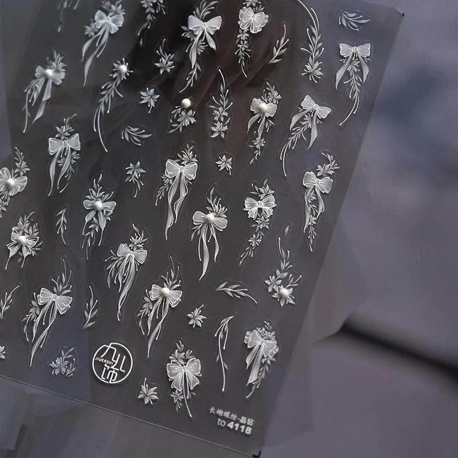 Bow Ribbon Nail Art Stickers Adhesive Embossed White Bow Sticker Decals to4118 with Pearl