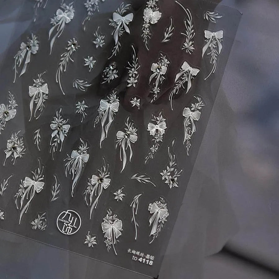 Bow Ribbon Nail Art Stickers Adhesive Embossed White Bow Sticker Decals to4118 with Studs