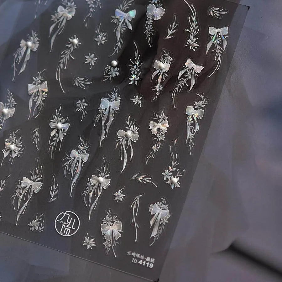 Bow Ribbon Nail Art Stickers Adhesive Embossed White Bow Sticker Decals to4119 with Pearl