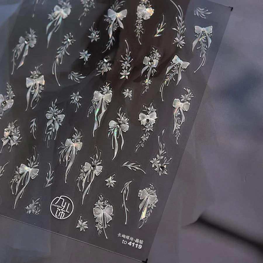 Bow Ribbon Nail Art Stickers Adhesive Embossed White Bow Sticker Decals to4119 with Studs