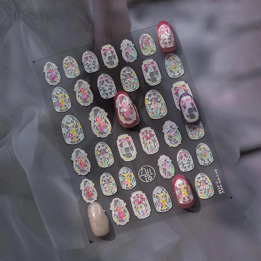 Stained Glass Window Nail Art Stickers Adhesive Embossed Sticker Decals to4148