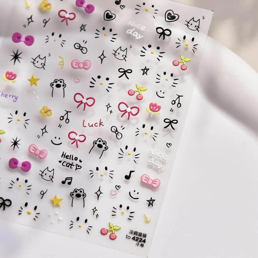 Graffiti Kitten Nail Art Stickers Adhesive Embossed Cartoon Cat Sticker Decals to4224 embossed